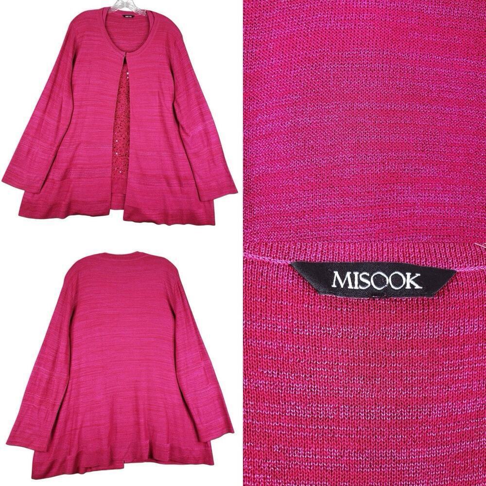 Misook Set Cardigan Tank Top Hot Pink Sequin Women’s Size XXL Knit LS